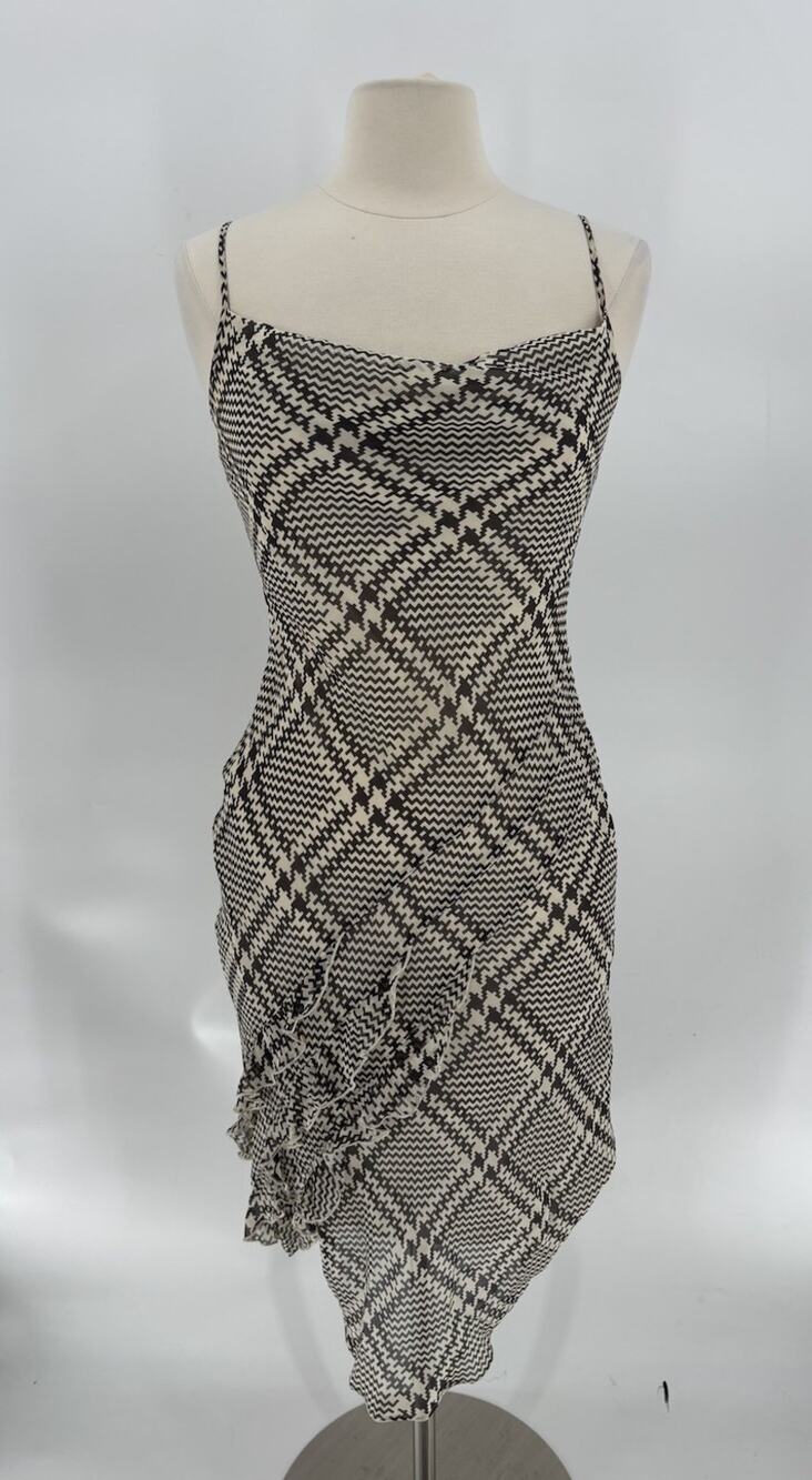 Vintage Express Dress Womens 6 Black Ivory 100% Silk Ruffles Cowl Chevron Lined